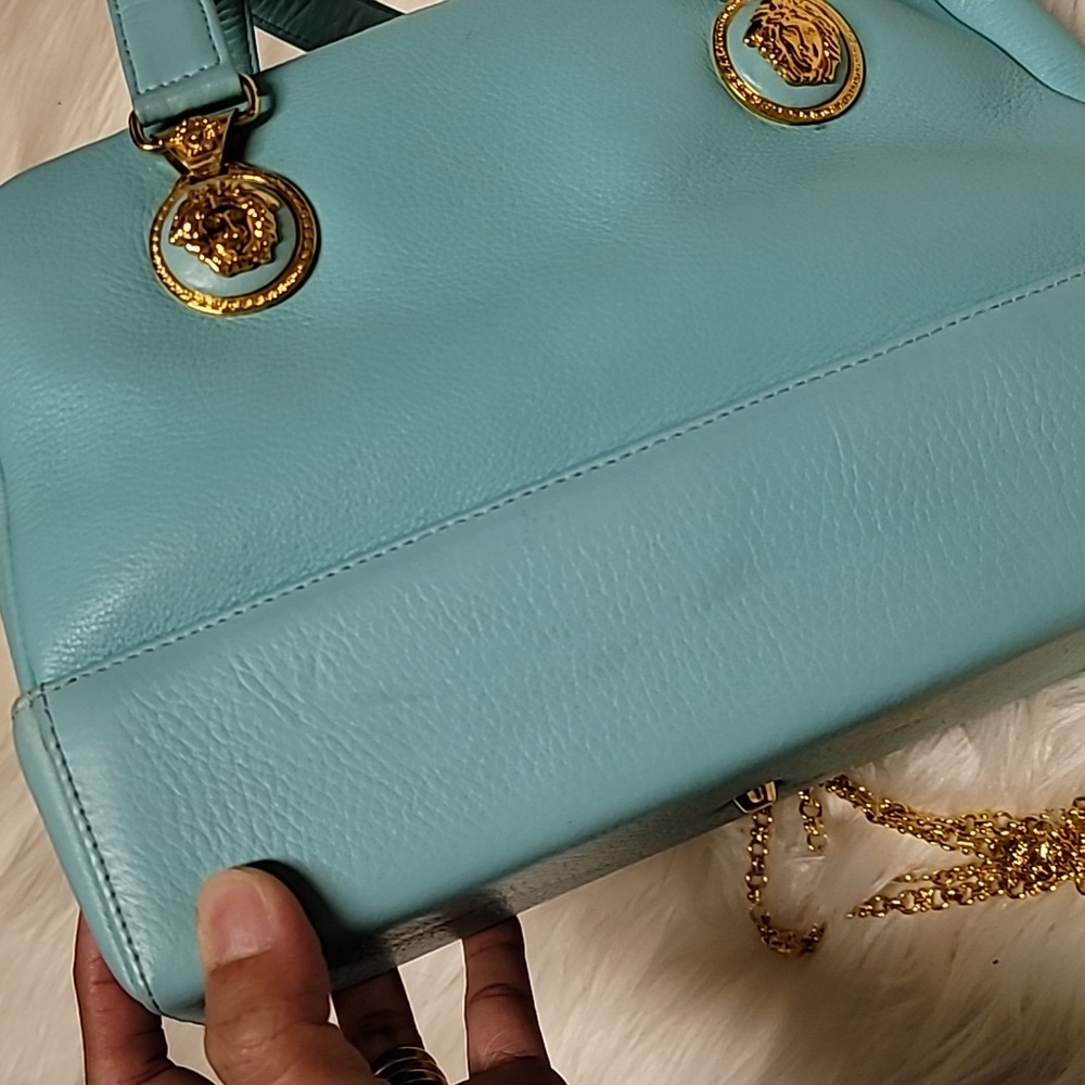 Rare Versace Aqua Leather Shoulder Bag with Gold Accents - Picture 14 of 17
